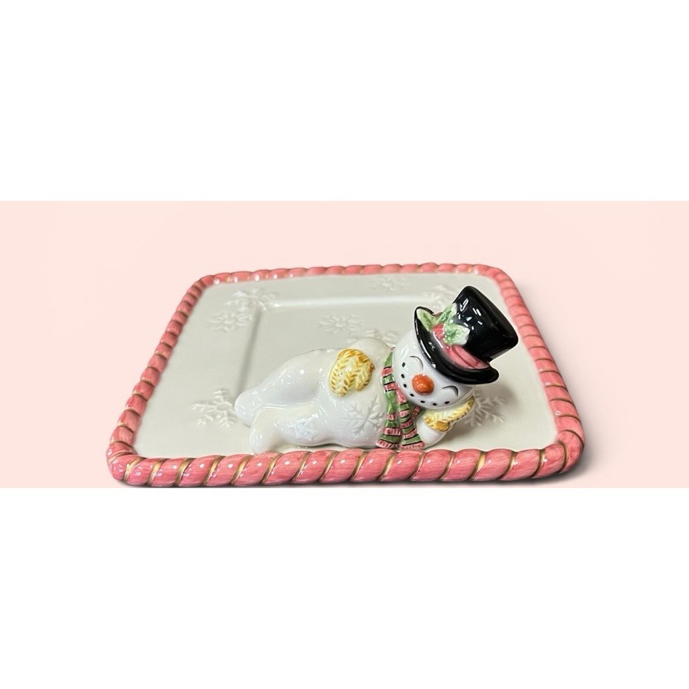 Fitz & Floyd Frosty Folks Snowman Candy Dish Trinket Tray Snowflakes‎ Candy Cane